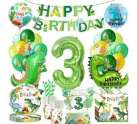Palloncini Dinosauri Compleanno, Stoviglie per Feste a Tema Dinosauri per Bambini 3 Anni con Palloncini Dinosauro, Candela Numero 3, Decorazione per Torta, Striscione, Tovagliolo, Piatto (16 Ospiti)