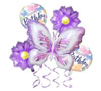 Palloncini Farfalle Viola 5 Pezzi Giganti Palloncini in Alluminio per Compleanno, Rotondo "Happy Birthday" Palloncino Decorazioni Festa di Compleanno a tema Floreale