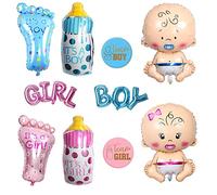 Palloncini in alluminio da 8 pezzi per bambini e adesivi di genere 4 pezzi, palloncini per bottiglie di piede, adesivi di genere, palloncini per ragazze e ragazzi per la festa di rivelazione di genere