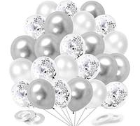 Palloncini in argento trasparente, gialli off-white, 60 pezzi, coriandoli in argento, 12 pollici, palloncini da matrimonio metallizzati in argento con nastri per compleanno, matrimonio, baby shower