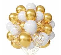 Palloncini in lattice bianco e oro, 60 pezzi, 30,5 cm, metallizzati, cromati, oro e bianco, con 1 nastro, per Capodanno, compleanno, baby shower, decorazioni per feste