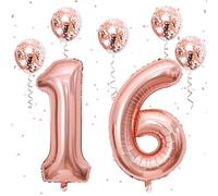 Palloncini per 16° compleanno per ragazze, 100 cm in lamina autogonfiante numero 16 palloncini con coriandoli oro rosa, grandi 1 e 6 palloncini per donne 61° compleanno festa anniversario forniture