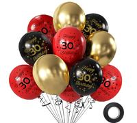 Palloncini per 30° compleanno, 30 cm, in lattice di alta qualità, numero 30, per donne e uomini, nero, rosso, oro metallizzato e nastro, per feste, fotografie, anniversari, decorazioni traguardi