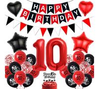 Palloncini per il 10° compleanno per ragazzo, colore nero, rosso - Happy Birthday Banner Ghirlanda XXL palloncini con numeri con coriandoli, palloncini decorativi per torte, cuori e stelle, palloncini