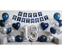 Palloncini per il 13° compleanno, decorazione per ragazzi e ragazze, numero 13 palloncini in pellicola, per compleanno, striscione blu, bianco, oro, 13 anni, decorazione per feste di 13 anni, per
