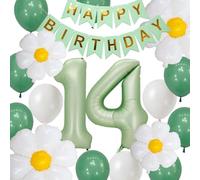 Palloncini per il 14° compleanno, verde salvia, palloncini per il 14° compleanno, banner per feste, numero 14, margherite, in pellicola, verde oliva, per bambini di 14 anni (14.)