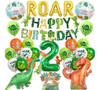 Palloncini per il 2° compleanno con dinosauro per ragazzi, striscione di buon compleanno e palloncini dorati con lettera ROAR, grande dinosauro e numbe verde, 2 palloncini in lamina per bambini