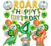 Palloncini per il 4° compleanno con dinosauro per ragazzi, striscione di buon compleanno e palloncini dorati con lettera ROAR, grande dinosauro e numbe verde, 4 palloncini in lamina per torta per