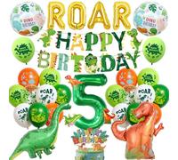 Palloncini per il 5° compleanno con dinosauro per ragazzi, striscione di buon compleanno e palloncini dorati con lettera ROAR, grande dinosauro e numbe verde, 5 palloncini in lamina per torta per