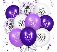 Palloncini per il 50° compleanno, set da 16 pezzi, 30,5 cm, viola, bianchi, coriandoli, lattice, pietra miliare, decorazioni per feste, forniture per donne, mamma, moglie