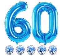 Palloncini per il 60° compleanno da uomo, 100 cm blu gigante numero 60 palloncini con coriandoli blu, cifre 6 e 0 palloncini a elio per ragazzi ragazze donne 6° 60° anniversario decorazioni per feste