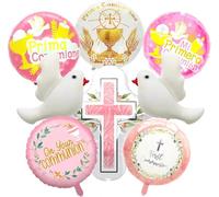 Palloncini Prima Comunione 8 Pezzi Rosa Palloncini per Comunione Kit Palloncini Battesimo Croce palloncino Colomba Palloncini Composizione Comunione Centrotavola Per Bambino,Bambina