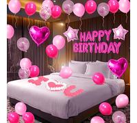 Palloncini rosa acceso per buon compleanno, decorazioni rosa chiaro, lettere per palloncini con stella e cuore, 1000 petali di rosa artificiali, 24 candele LED senza fiamma per forniture per feste di