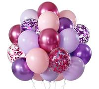 Palloncini rosa e viola, 60 pezzi, 30,5 cm, metallizzati, viola, rosa, coriandoli, macaron, in lattice, con nastro, per feste di compleanno, doccia, matrimoni, decorazioni