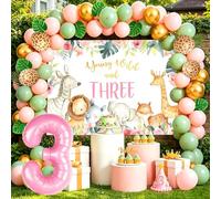 Palloncini rosa Safari per 3° compleanno, per ragazze e giovani selvagge, sfondo verde salvia rosa palloncino animale della foresta numero 3 palloncini per 3° compleanno giungla