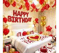 Palloncini rossi di buon compleanno, decorazioni rosse e dorate, con 6 palloncini a stella, 1000 petali di rosa artificiali, 24 candele LED senza fiamma, per camera, hotel, feste