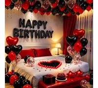 Palloncini rossi di buon compleanno decorazioni rosso e nero palloncino lettera banner con 8 palloncini a stella 1000 petali di rosa artificiali 24 candele LED senza fiamma per camera d'albergo