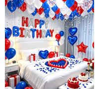 Palloncini rossi e blu con scritta "Happy Birthday", colore rosso, bianco e blu, con stelle e cuore, 1000 petali di rosa artificiali, 24 candele LED senza fiamma per feste di compleanno