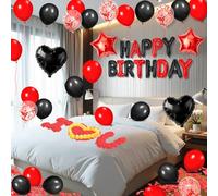 Palloncini rossi e neri di buon compleanno, decorazioni rosse e nere con palloncini a forma di stella e cuore, 1000 petali di rosa artificiali, 24 candele LED senza fiamma per forniture per feste di