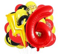 Palloncini rossi, gialli e neri, 101 cm, 6 palloncini a forma di fulmine, coriandoli per giocattoli, carnevale, feste, decorazioni per 6° compleanno per ragazzi (rosso 06)