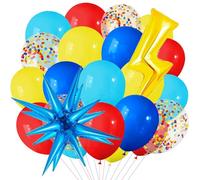 Palloncini Rosso Giallo Blu, 27pcs Palloncini con Coriandoli Rossi Blu Gialli, Stella Fulmine Palloncino in Foil, Rossi Blus Gialli Palloncinis in Lattice, per Decorazioni di Feste