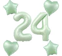 Palloncini verde oliva con numero 24 + 4 pezzi, a forma di cuore/stella, numero 24, per compleanno, donna ragazza, 40", numero gigante, 24, palloncini a elio, 24 numeri