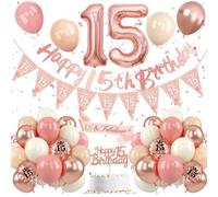 Palloncino 15° compleanno, oro rosa, 15° compleanno, set di decorazioni rosa e bianco, decorazione di compleanno 15 anni, oro rosa, numero 15 palloncini con striscione decorazione torta per donne
