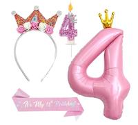 Palloncino 4° Compleanno,Coronas Ragazza e Cerchietto,Candeline Compleanno | Set Compleanno per 4 Anni,Palloncino Numero 4,Granda Palloncino per Anniversario,Decorazione Feste Di Compleanno