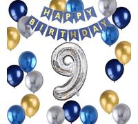 Palloncino 9° compleanno festa blu Happy 9° compleanno striscione argento numero 9 pellicola lattice palloncini decorazione compleanno per ragazzi figlio 9 anni decorazione compleanno (9)