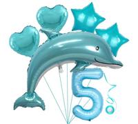 Palloncino a forma di delfino blu per ragazzo 5° compleanno, set di palloncini a forma di delfino, con numeri Xl, 5 palloncini a forma di stella