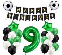 Palloncino a forma di pallone da calcio, per 9° compleanno, per ragazzo | Decorazione di compleanno a forma di pallone da calcio, verde, decorazione per il 9° compleanno, striscione Happy Birthday