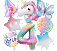 Palloncino a forma di unicorno per 4° compleanno, 4 anni, decorazione a farfalla, 4 anni, rotondo, in pellicola, con unicorno, 4 anni, adatto per la festa di compleanno per bambini