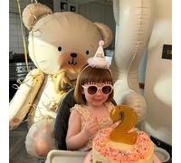 Palloncino foil a forma di orsacchiotto seduto da 18" - Crema/Marrone con fiocco dorato, palloncini a forma di cuore color crema opaco/caramello opaco. Design carino seduto, adatto per decorazioni per