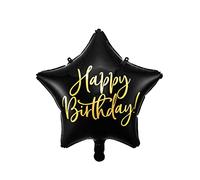 Palloncino foil Happy Birthday 40cm nero a forma di stella FB93-010 con scritta dorata per feste di classe, originali e di sicuro impatto visivo gonfiabile ad aria ed elio