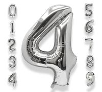 Palloncino Numero 4 Compleanno Argento: Grande 101 cm Elio Palloncini Compleanno 4 Anni Mylar Foil Numeri Gigante Bimbo Bimba Bambino Bambina Giganti per Festa di Baby Shower Anniversario Decorazioni