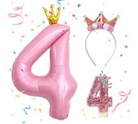 Palloncino Numero 4 rosa,Candelina 4 Anno,Corona Compleanno Bambina 4 Anno,Feste Decorazione di Compleanno Palloncino 4 rosa,Decorazioni per la Festa del 4° Compleanno Delle Bambine