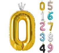 Palloncino per compleanno da 101,6 cm, con numero 0 dorato, 0-9, grande palloncino in lamina con corona per il decimo compleanno di ragazze, ragazzi bambini, autogonfianti digitali 0 palloncini,