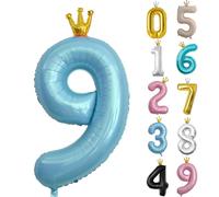 Palloncino per compleanno da 101,6 cm, palloncino blu con numero 9, palloncino grande in lamina con corona per il 9° compleanno di ragazze, ragazzi e bambini, 9 palloncini digitali autogonfiabili
