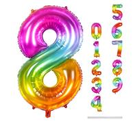 Palloncino per compleanno, numero 8, arcobaleno, 40, gigante, in pellicola, con numeri 8, 101 cm, XXL, 8. Decorazione di compleanno per ragazze, con elio, numero 8, decorazione per donna,