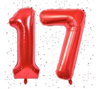 Palloncino rosso 17, con numeri rossi, 40 pollici, in pellicola da 1 a 7, con numeri da 17 a elio, per 17 compleanno, decorazione per il 17° compleanno, per ragazze, ragazzi, anniversari, feste