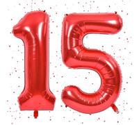 Palloncino rosso con 15, numeri rossi, 40 pollici, in pellicola, 15 pezzi, con numeri da 15 a elio, per 15 compleanno, decorazione per il 15° compleanno, per ragazze, ragazzi, anniversari, feste