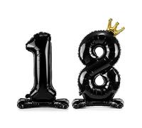 Palloncino XXL in pellicola per il 18° compleanno, palloncino 18 nero, oro con piedistallo, autoportante, palloncino per 18° compleanno, numero 18 nero, con corona dorata