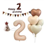 Palloncino XXL Numeri 2 Beige Feltro Happy Birthday Sign con 5 palloncini Heart Foil 2 compleanno decorazione 100 cm