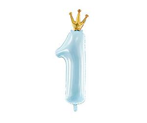 Pallone Compleanno 1 anno - Azzurro Celeste con coroncina corona ORO - 30x90cm - PALLONCINO numero 1 - NUMERALE in MYLAR foil - gonfiabile ad ario o ad ELIO per volare - GIGANTE maxi GRANDE
