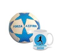 Pallone con i colori del Napoli calcio e scritta Forza Azzurri + una tazza bianca personalizzabile con nome in ceramica con stampa dei colori della tua squadra del cuore partenopeo tifoso regalo