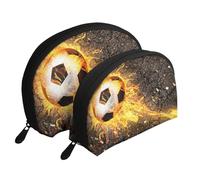 Pallone da calcio in fiamme di fuoco ardente, Borsa per trucco a conchiglia Portamonete da donna Borsa da toilette piccola Borsa per cosmetici 2 pezzi