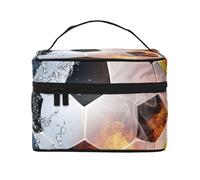 Pallone da calcio in fiamme sull'acqua, borsa da viaggio per il trucco da donna, grande organizer per cosmetici