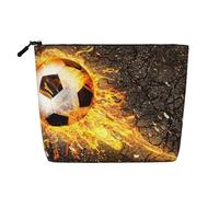 Pallone da calcio tra le fiamme del fuoco ardente, Borsa per cosmetici in lino sintetico Borsa per trucco Borsa da viaggio portatile