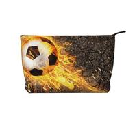 Pallone da calcio tra le fiamme del fuoco ardente, Borsa per cosmetici in velluto a coste Borsa per il trucco Borsa da viaggio portatile