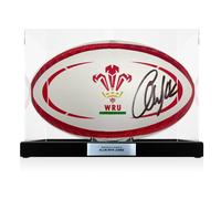 Pallone da rugby del Galles autografato da Alun Wyn Jones. Vetrina con targa